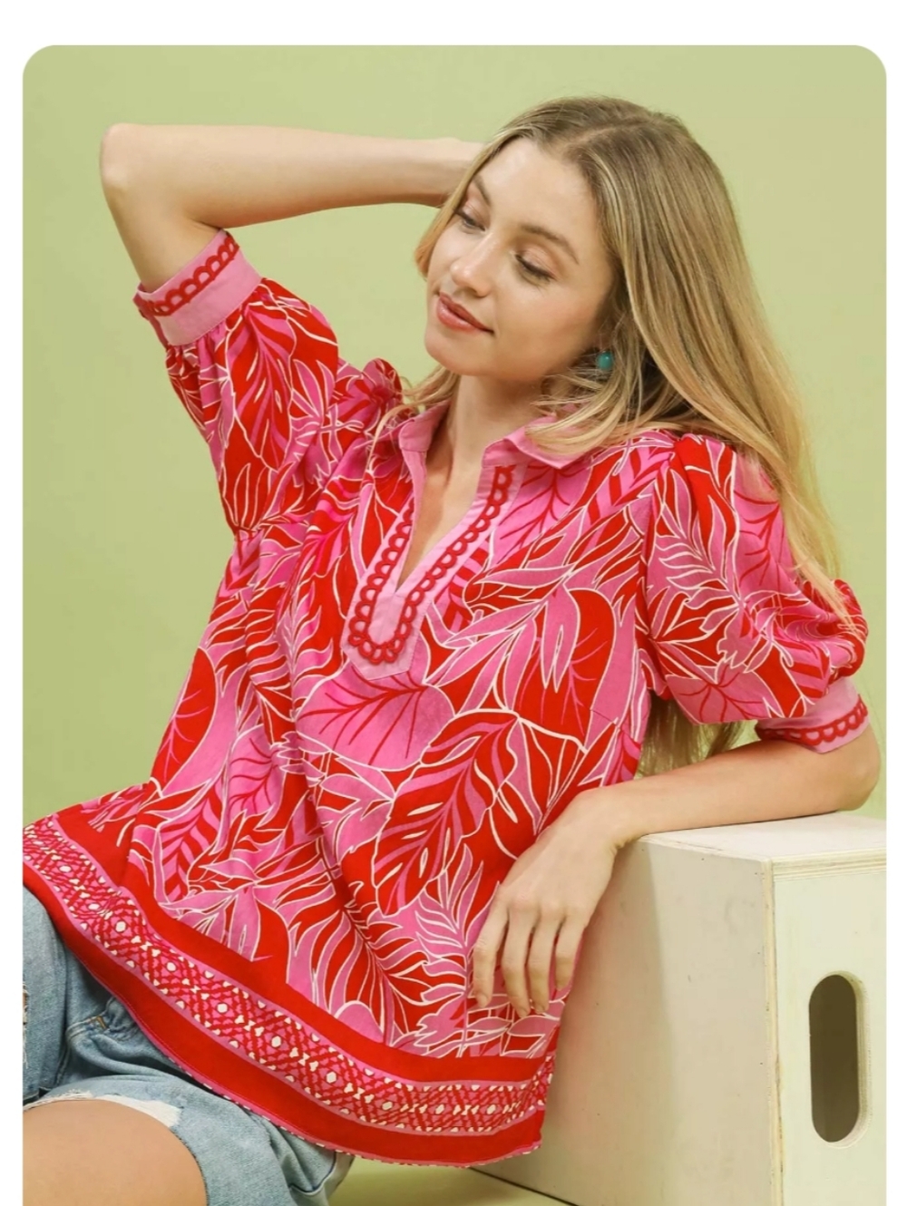 Umgee Pink & Red Printed V-Neck Blouse - Picture 4 of 8